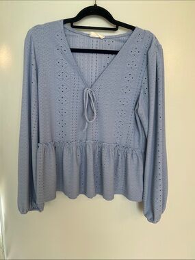 Altar'd State Light Blue Eyelet Peplum Tie-Front Blouse